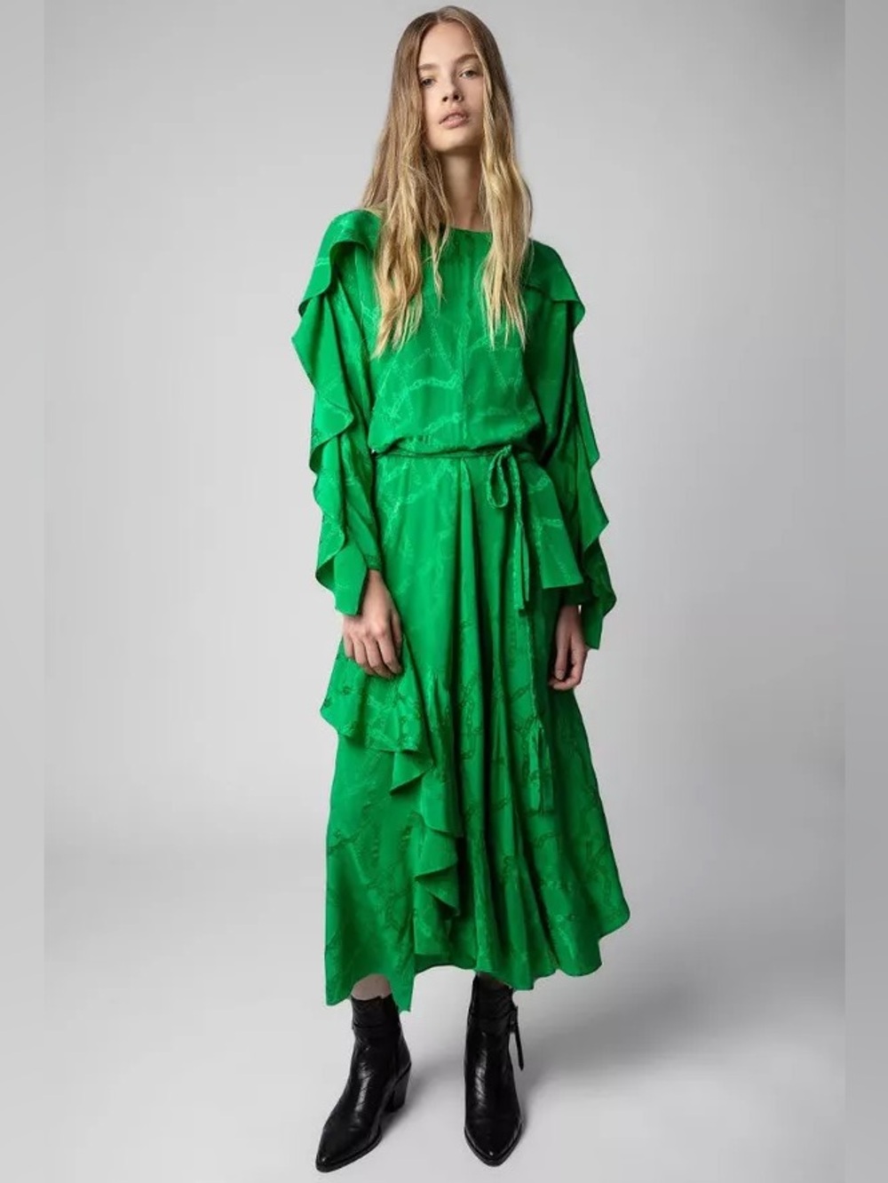 Zadig & Voltaire Ritana Jac Chaines 100% SILK Green Ruffle Maxi Dress NWT $1198 - Picture 2 of 10